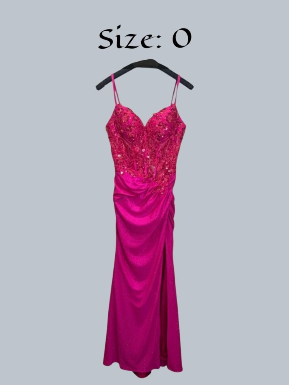 Stacee’s Fuchsia/Magenta Pink Sheer Bodice Slit Leg Sweep Train Formal Dress